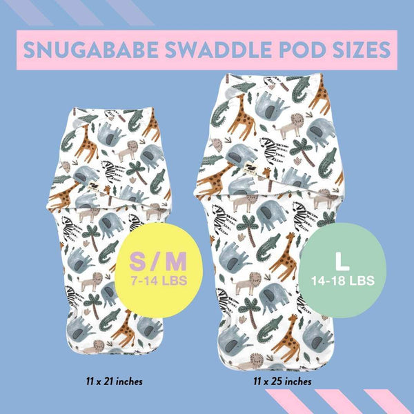 Snugababe Swaddle™ Sleep Pod featuring adorable safari animals for comfortable baby sleep.