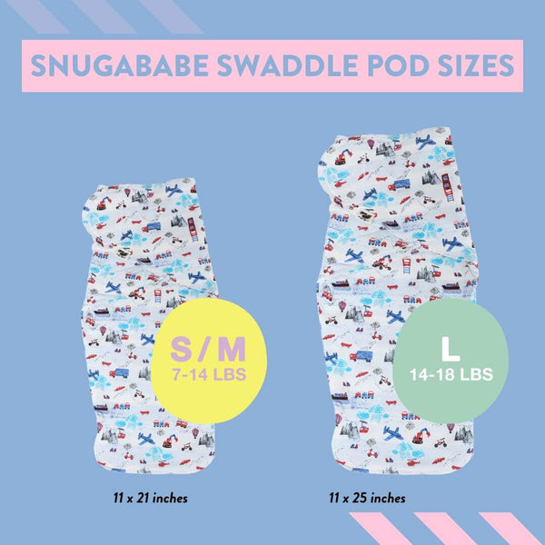 Snugababe Swaddle™ Sleep Pod in Transportation design, perfect for cozy and secure baby sleep.