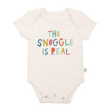 Snuggle graphic short sleeve bodysuit for babies, featuring a cute design and soft fabric.