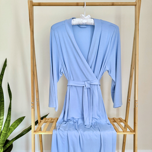 Solid dusty blue mommy robe, angle 3 view, perfect for new moms seeking comfort and style.
