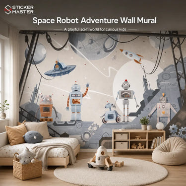 Space Robot Adventure Wall Mural | Sci-Fi Robot Kids Wallpaper Nursery