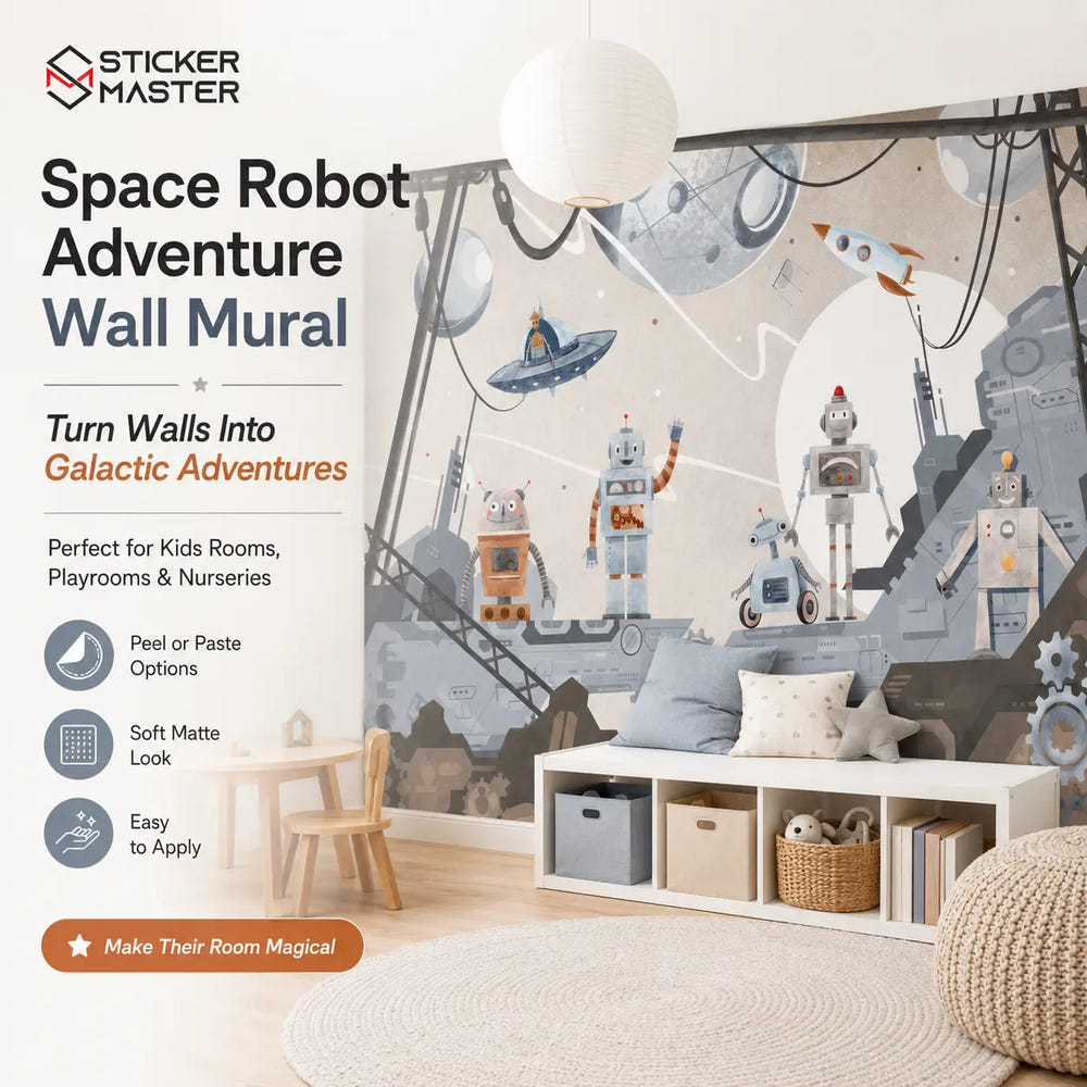 Space Robot Adventure Wall Mural | Sci-Fi Robot Kids Wallpaper Nursery
