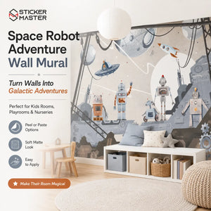Space Robot Adventure Wall Mural | Sci-Fi Robot Kids Wallpaper Nursery