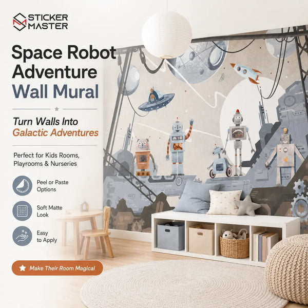 Space Robot Adventure Wall Mural | Sci-Fi Robot Kids Wallpaper Nursery