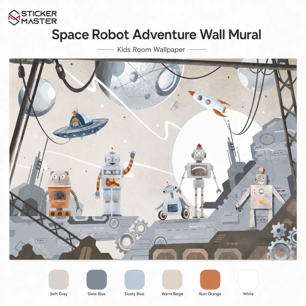 Space Robot Adventure Wall Mural | Sci-Fi Robot Kids Wallpaper Nursery