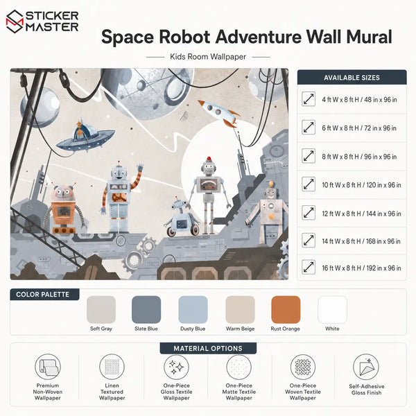 Space Robot Adventure Wall Mural | Sci-Fi Robot Kids Wallpaper Nursery