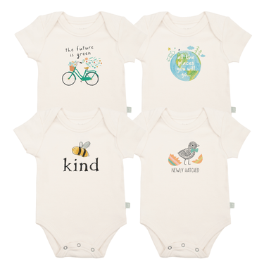 Spring 4 pack graphic bodysuit set for babies, includes 1 free bodysuit, vibrant designs for stylish comfort.