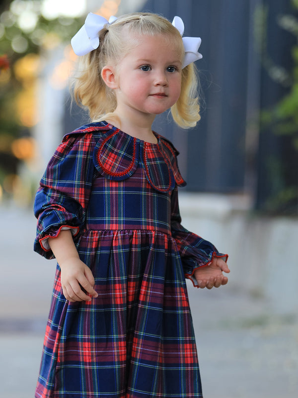 Fall Plaid Girl Dress Petal Collar Puff Sleeve Long Sleeve