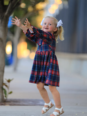 Fall Plaid Girl Dress Petal Collar Puff Sleeve Long Sleeve