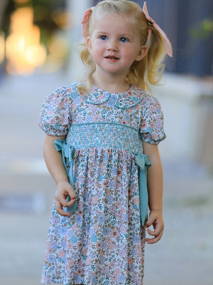 Sage Green Bow Floral Smocked Girl Dress