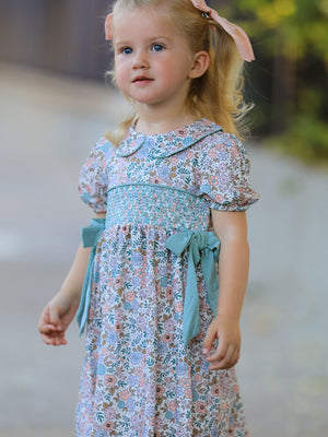 Sage Green Bow Floral Smocked Girl Dress