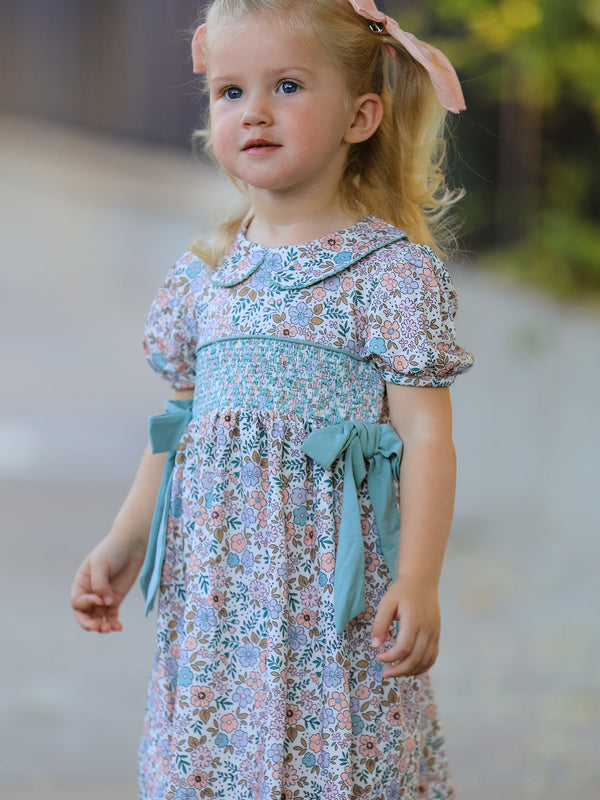 Sage Green Bow Floral Smocked Girl Dress