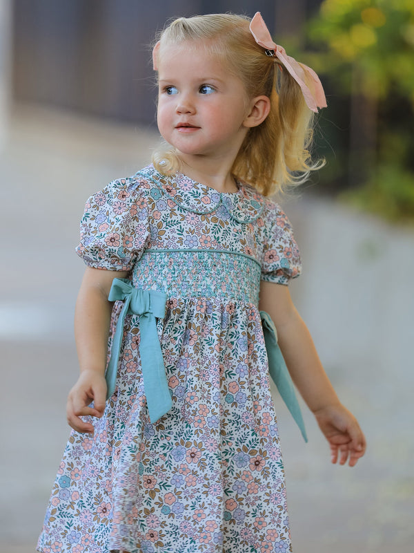 Sage Green Bow Floral Smocked Girl Dress