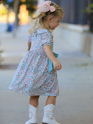 Sage Green Bow Floral Smocked Girl Dress
