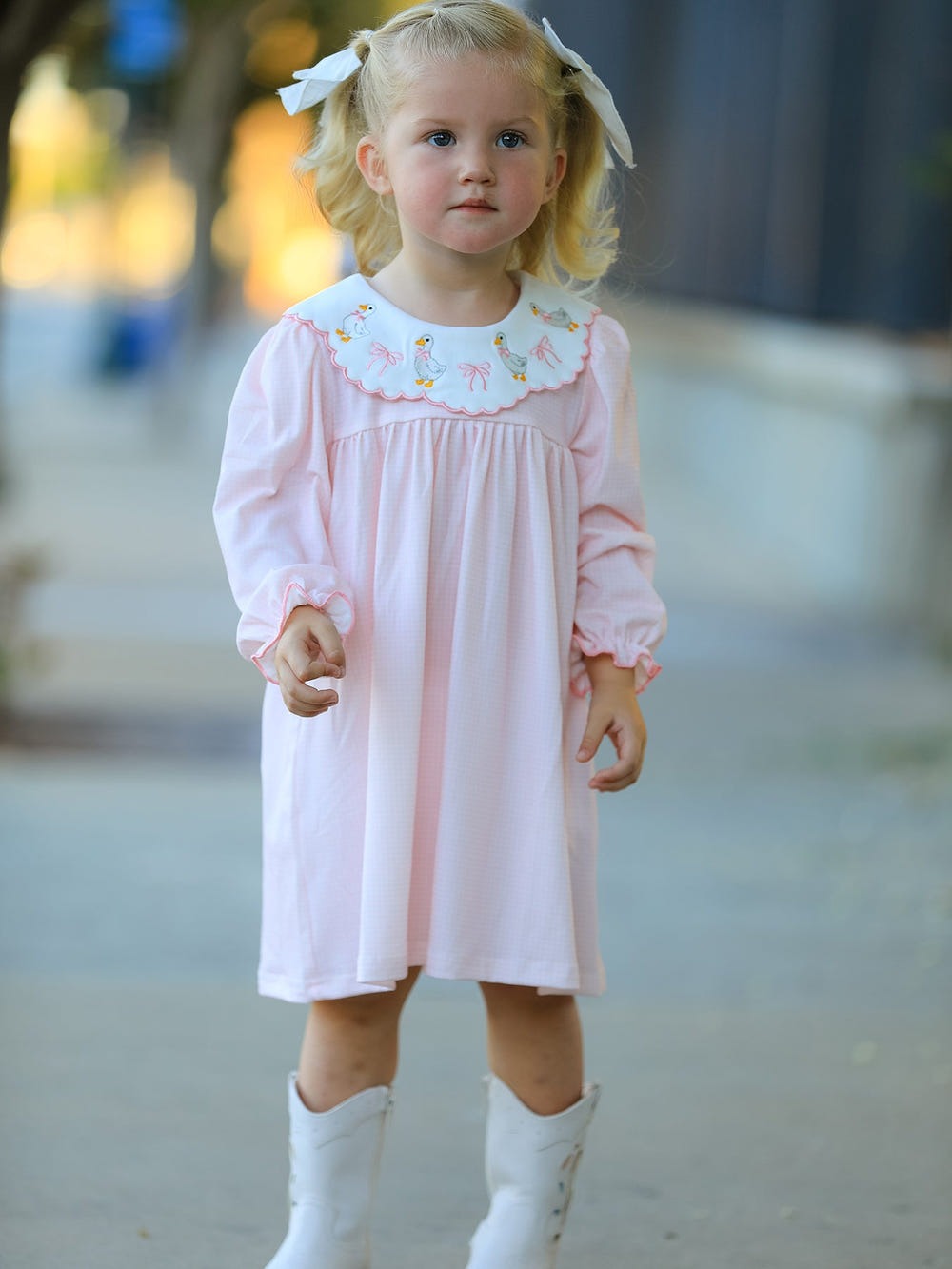 Pink Goose Embroidered Baby Girl Dress Peter Pan Collar Bow Dress