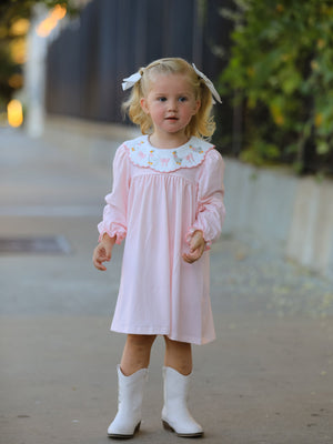 Pink Goose Embroidered Baby Girl Dress Peter Pan Collar Bow Dress