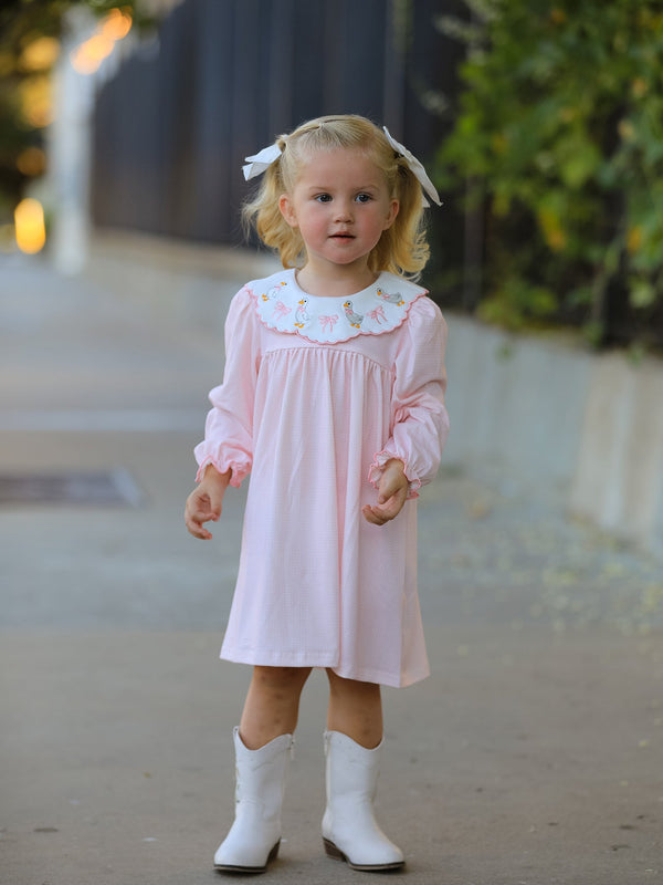 Pink Goose Embroidered Baby Girl Dress Peter Pan Collar Bow Dress