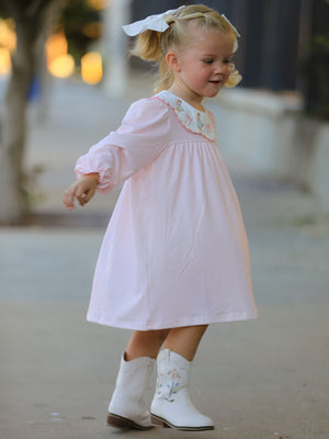 Pink Goose Embroidered Baby Girl Dress Peter Pan Collar Bow Dress
