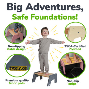 Multi-purpose wooden step stool for kids, ideal for potty training and reaching kitchen or bath essentials. Angle view.