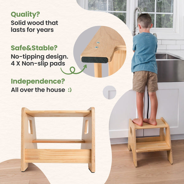 2-Step Wooden Stool for Toddlers Ages 2+