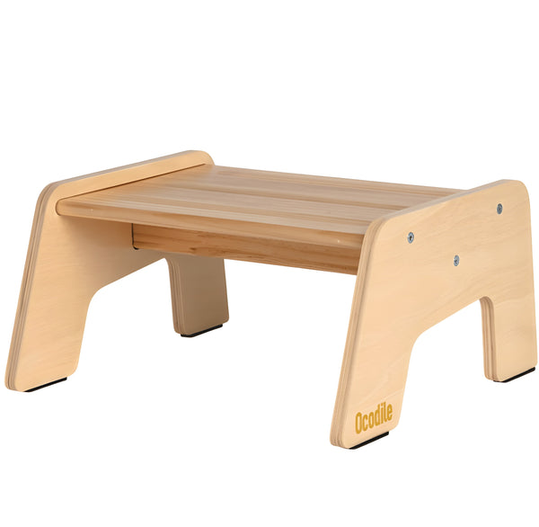 Multi-purpose wooden step stool for kids, ideal for potty training, kitchen, and bath use. Angle 3 view.