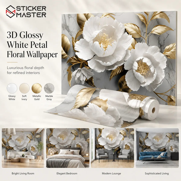 3D Glossy White Petal Floral Wallpaper / Gold Marble Wall Mural by Sticker Master