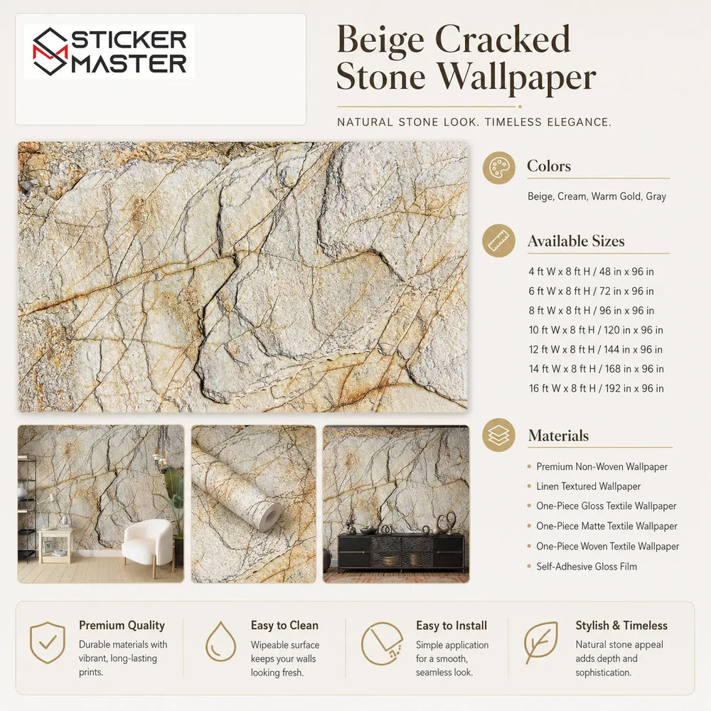 Beige Cracked Stone Wallpaper / 3D Natural Stone Wall Mural by Sticker Master