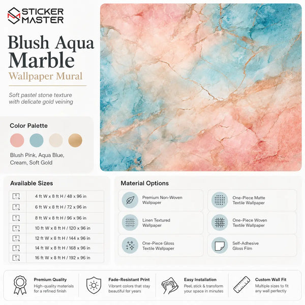 Blush Aqua Marble Wallpaper Mural | Pastel Pink Blue Wall Decor Art