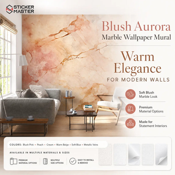 Blush Aurora Marble Wallpaper Mural | Soft Peach Gold Wall Decor