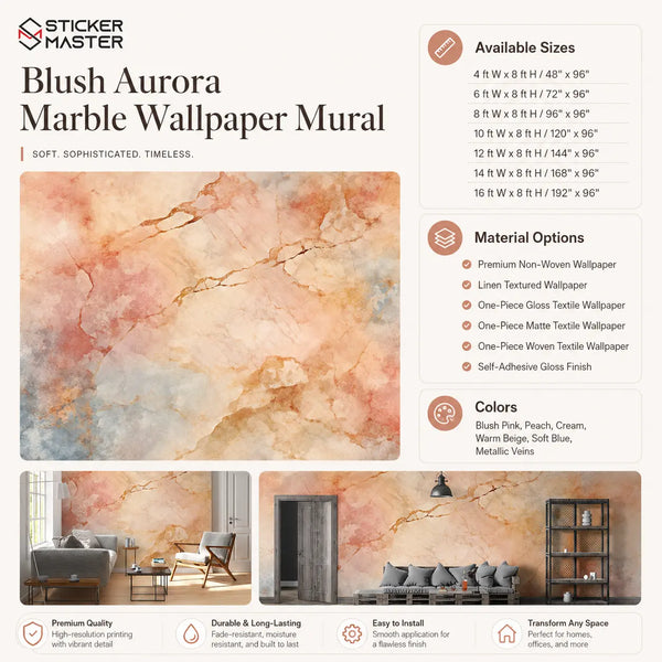 Blush Aurora Marble Wallpaper Mural | Soft Peach Gold Wall Decor