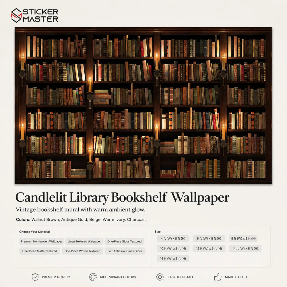 Candlelit Library Bookshelf Wallpaper Mural by Sticker Master