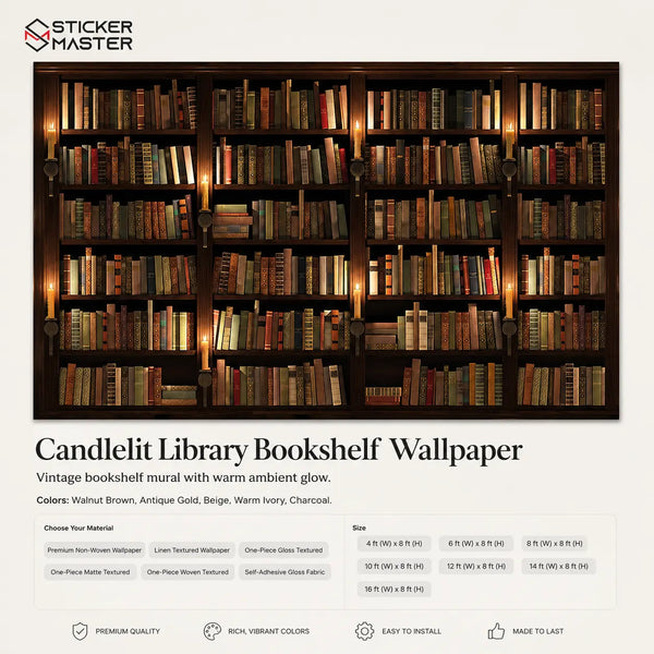Candlelit Library Bookshelf Wallpaper Mural by Sticker Master