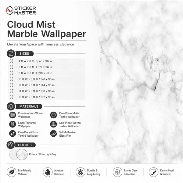 Cloud Mist Marble Wallpaper / Soft White Gray Marble Wall Mural Decor by Sticker Master