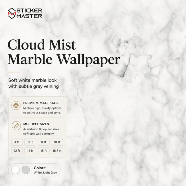 Cloud Mist Marble Wallpaper / Soft White Gray Marble Wall Mural Decor by Sticker Master