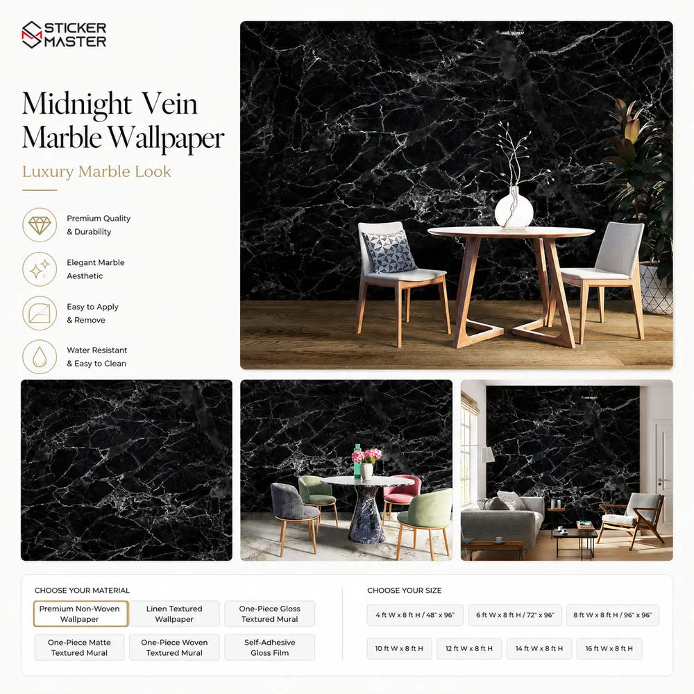 Midnight Vein Marble Wallpaper Mural / Black Stone Wall Decor by Sticker Master