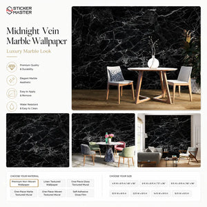 Midnight Vein Marble Wallpaper Mural | Black Stone Wall Decor