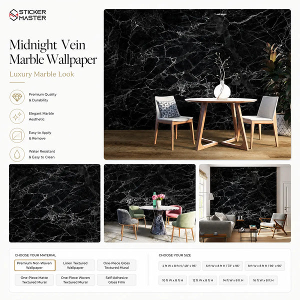 Midnight Vein Marble Wallpaper Mural | Black Stone Wall Decor