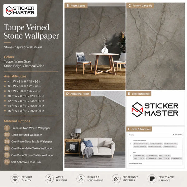 Taupe Veined Stone Wallpaper / Neutral Stone Mural for Modern Homes by Sticker Master