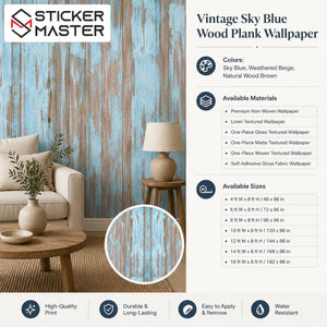 Vintage Sky Blue Wood Plank Wallpaper / Rustic Wood Wall Mural by Sticker Master