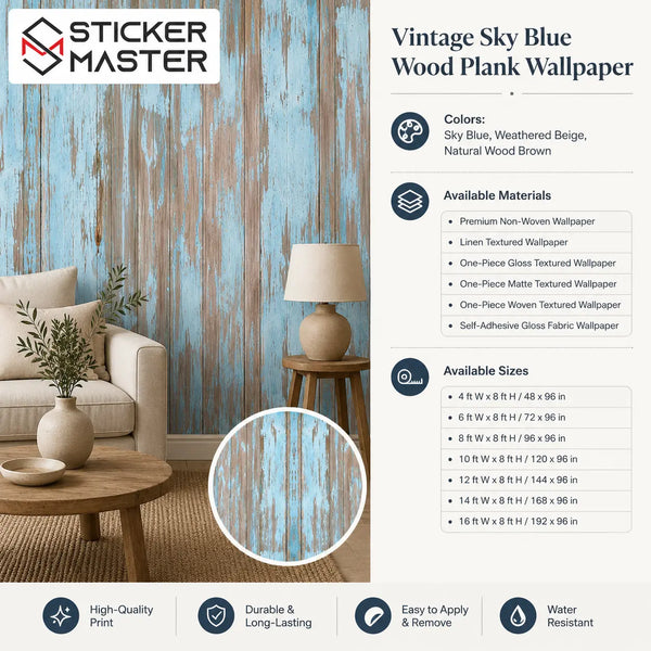 Vintage Sky Blue Wood Plank Wallpaper / Rustic Wood Wall Mural by Sticker Master
