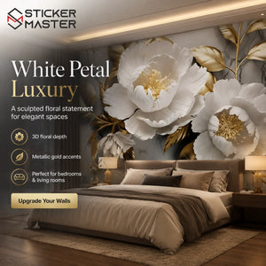 3D Glossy White Petal Floral Wallpaper / Gold Marble Wall Mural by Sticker Master
