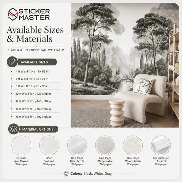 Timeless Black & White Forest Path Wall Mural Wallpaper by Sticker Master