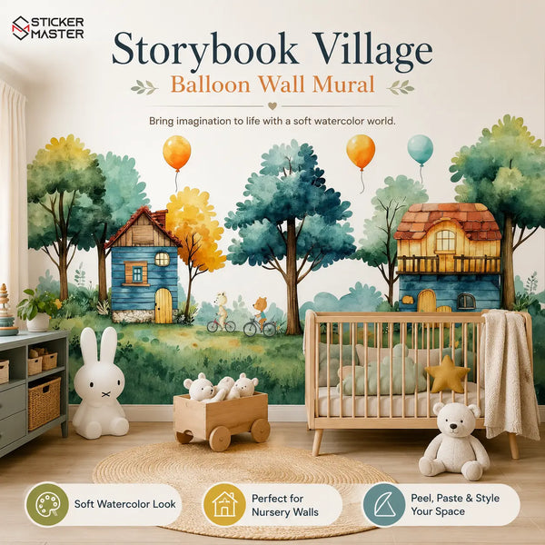 Storybook Village Balloon Wall Mural for Nursery & Kids Rooms