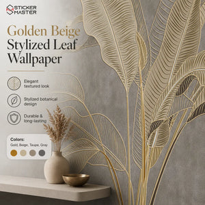Golden Beige Stylized Leaf Wallpaper for Bedroom & Living Room Walls by Sticker Master