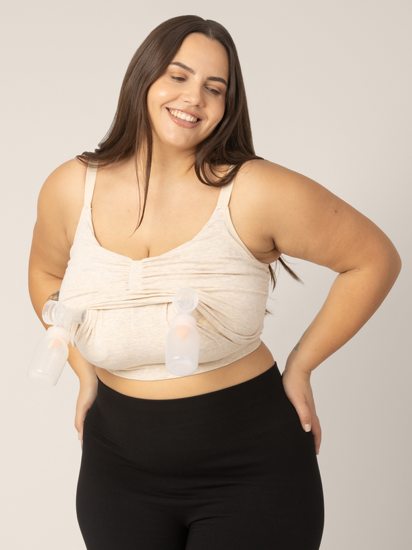 Sublime® Bamboo Hands-Free Pumping Lounge & Sleep Bra in Oatmeal Heather, angle view showcasing comfort and style.