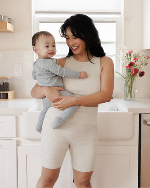 Sublime® Bamboo Hands-Free Pumping Longline Bra Top in Oatmeal Heather, angle view showcasing comfort and style.