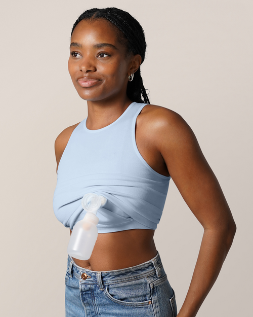 Sublime® Bamboo Hands-Free Pumping Longline Bra Top in French Blue for comfortable breastfeeding support.
