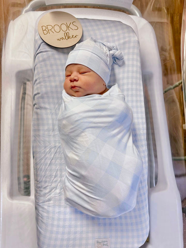 Dusty blue bamboo newborn nest from Sunday Picnic, perfect for cozy and stylish baby lounging.