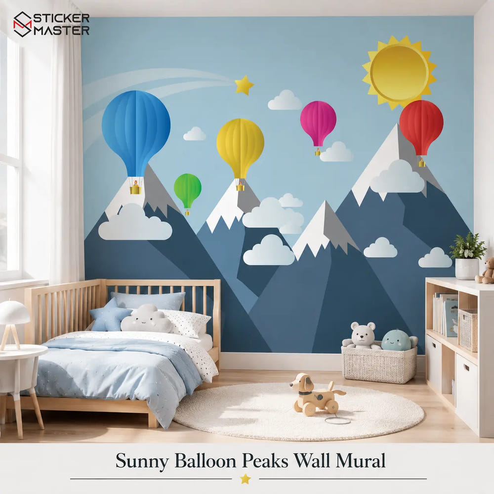 Sunny Balloon Peaks Wall Mural | Hot Air Balloon Nursery Wallpaper Art