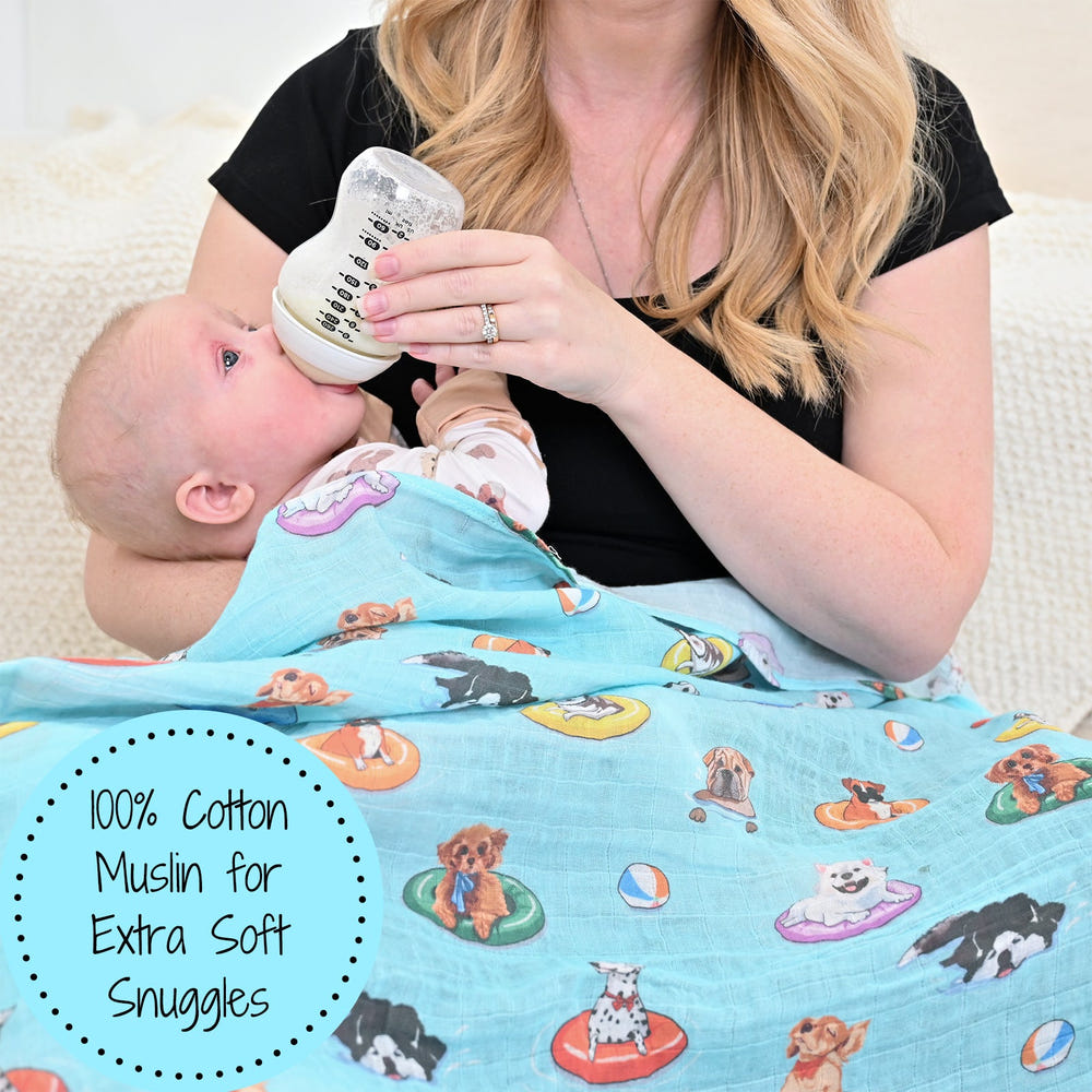LollyBanks 100% Cotton Muslin Swaddle Blanket for babies, 47"x47", featuring adorable swimming dogs design.